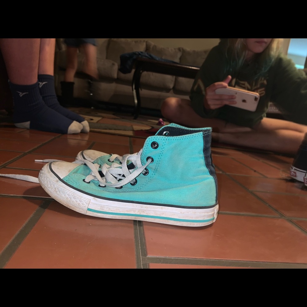 Teal blue converse high tops